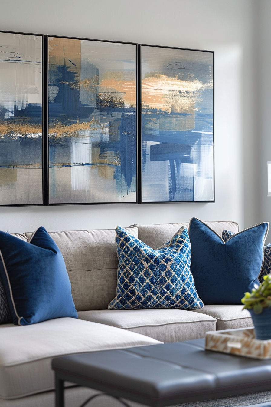 A living room with a blue couch and blue pillows featuring an above couch gallery wall.