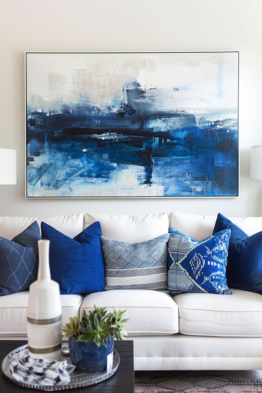 A blue and white living room with a large painting above the couch.