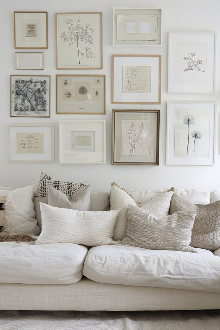 A white couch with framed pictures arranged in a gallery wall above.