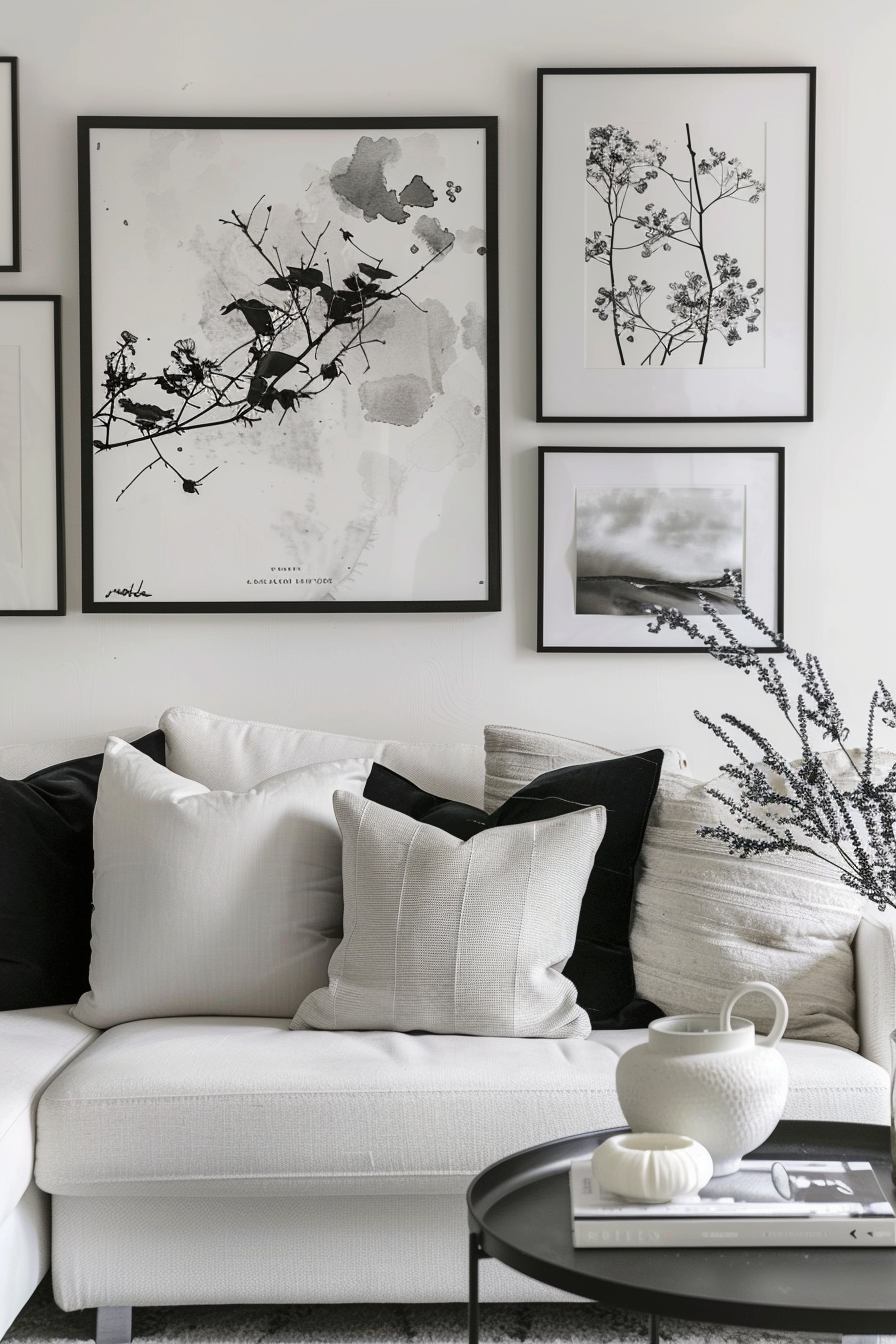 A black and white living room with a gallery wall of framed pictures above the couch.