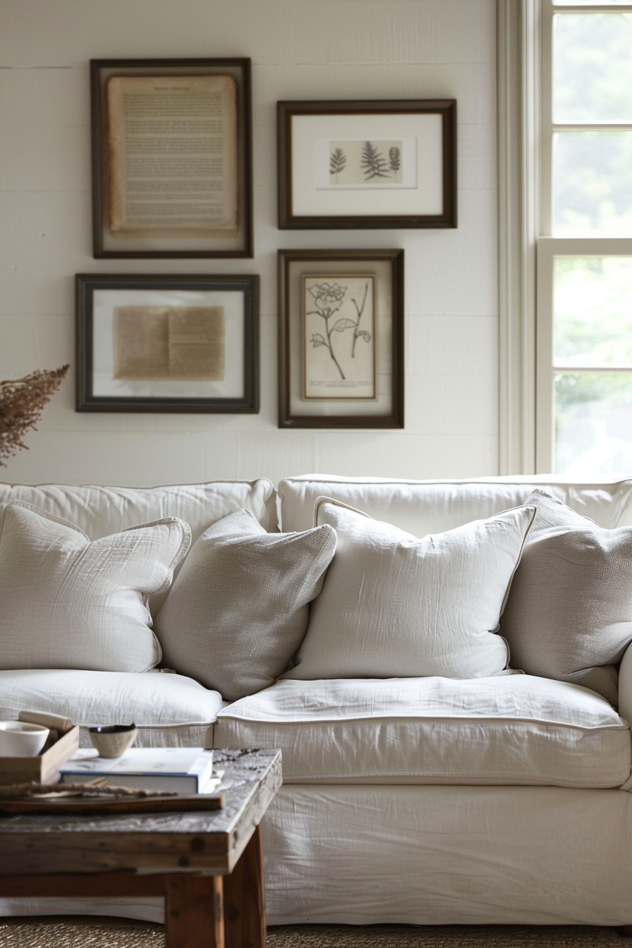 A white couch in a living room with a gallery wall of framed pictures.