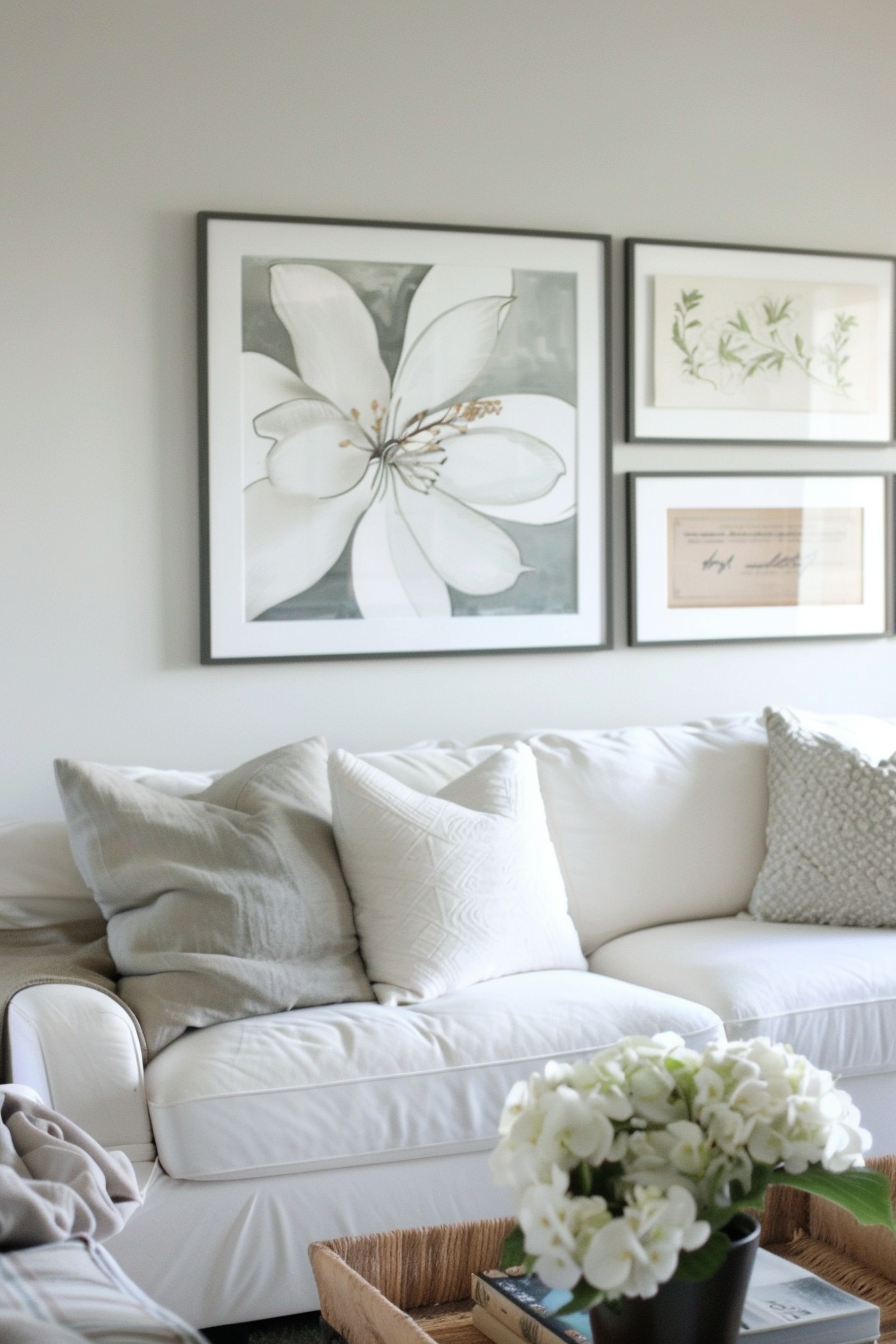 A living room with a white couch and framed pictures above couch.