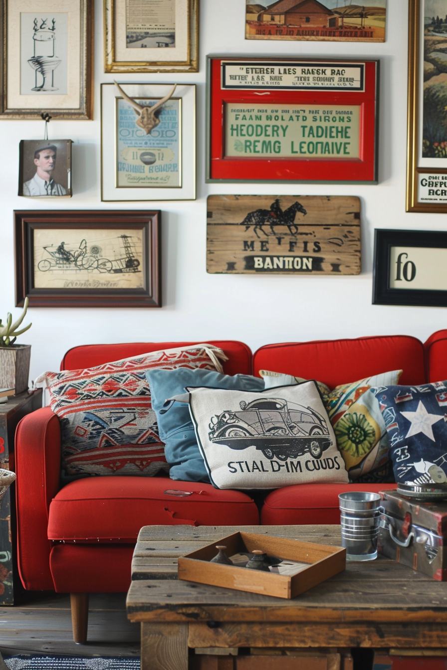 A red couch in a living room with a gallery wall.