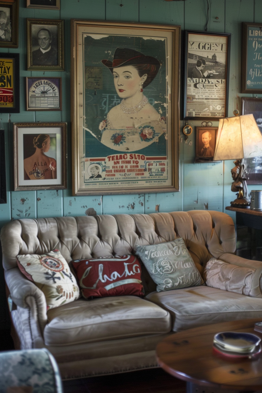 A couch under a beautiful gallery wall in a living room.