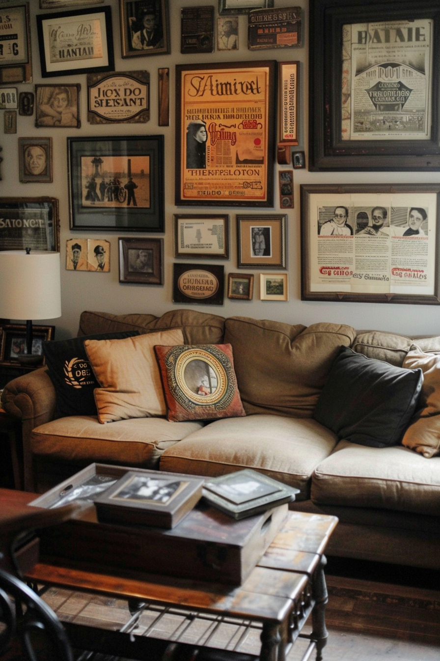A brown couch in a living room with an above couch gallery wall for decor.