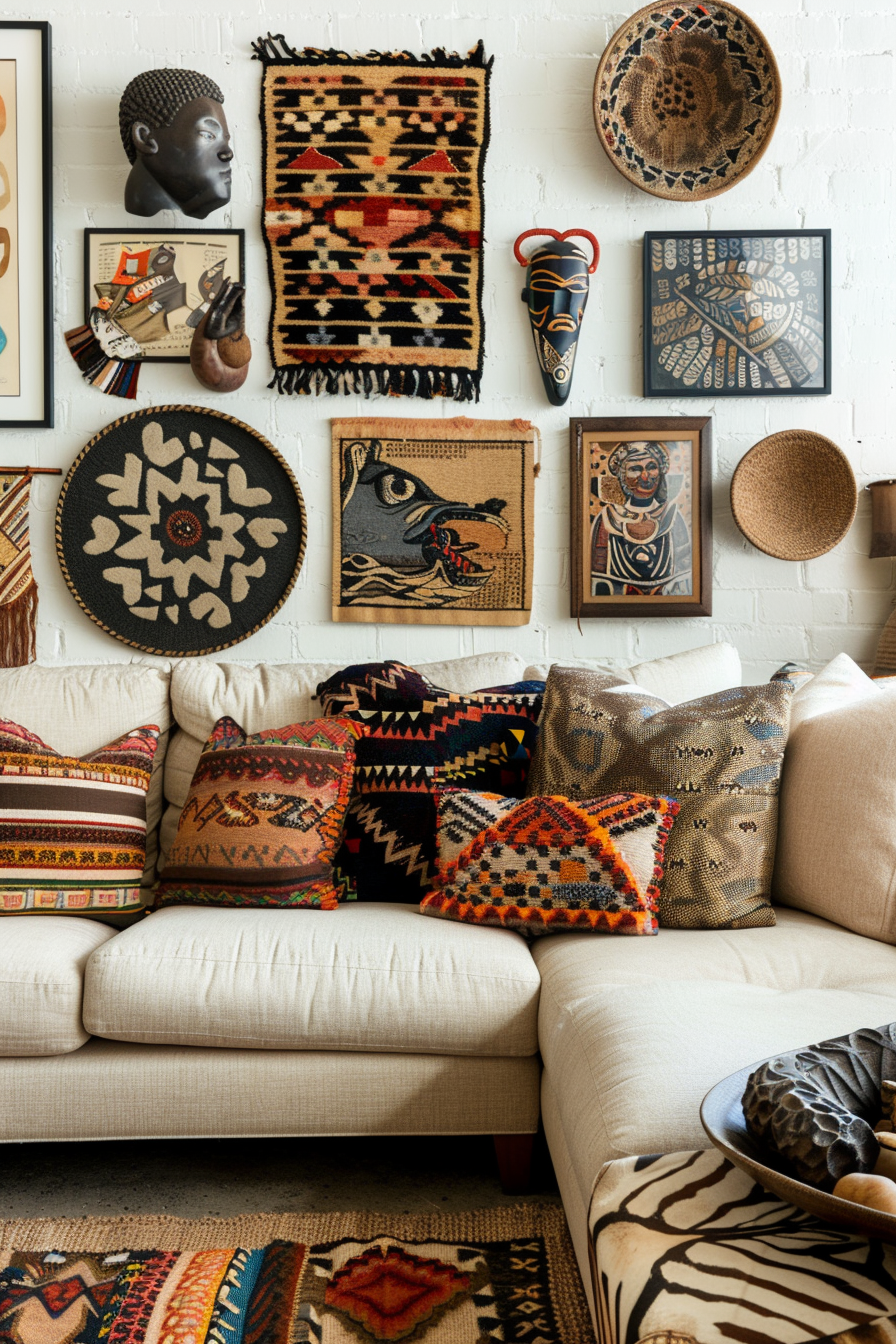A living room with a couch and a wall full of african art displayed as a Gallery Wall above the couch.