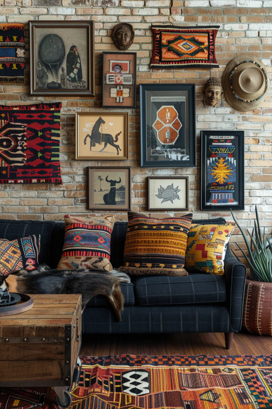 A living room with a couch and a coffee table, design above couch.