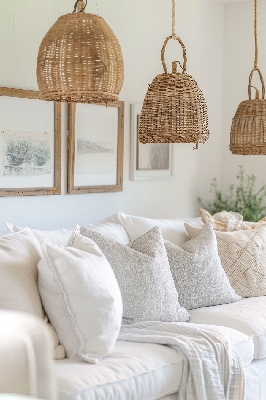 A white living room with wicker baskets hanging above the couch.