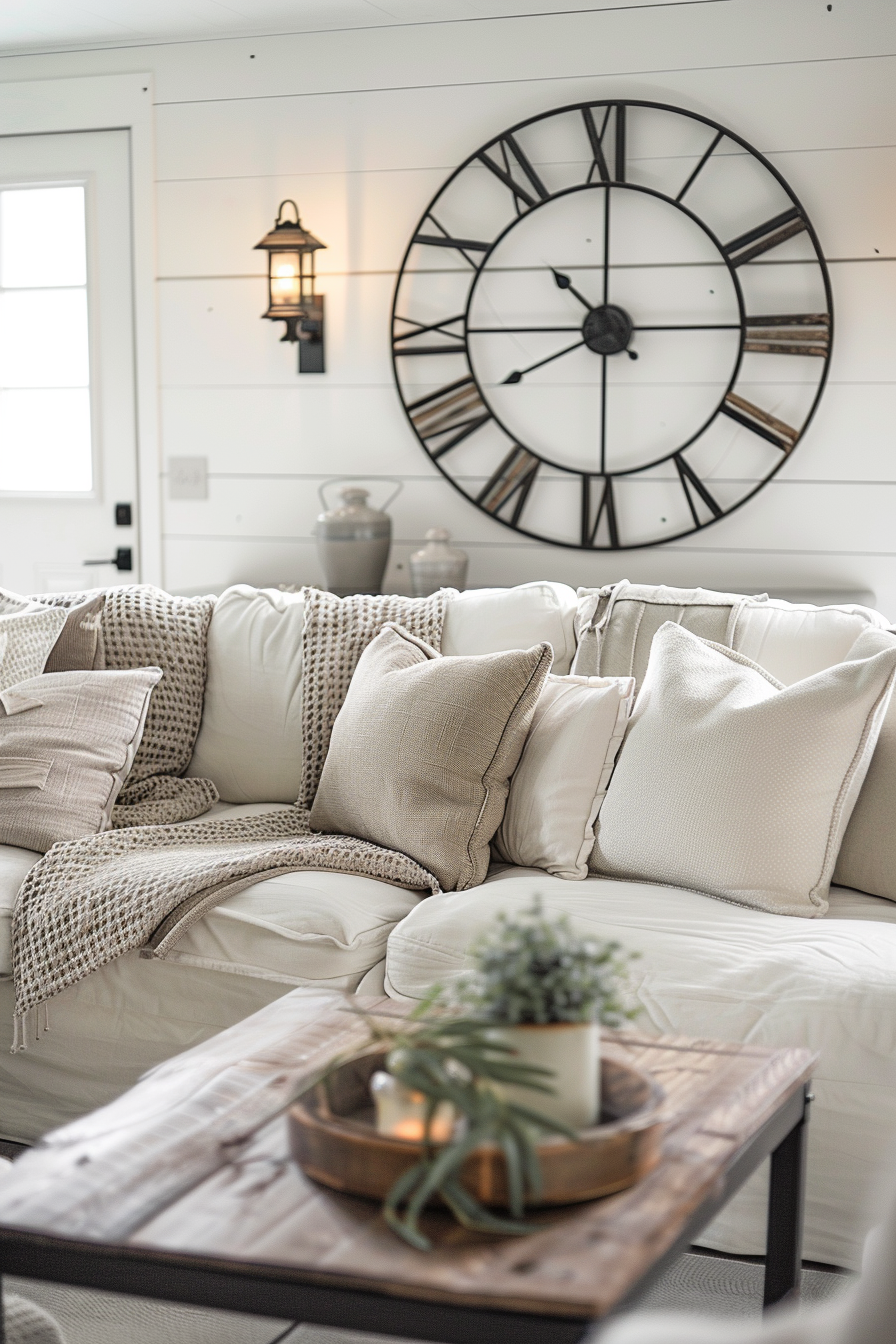 A farmhouse living room with a clock on the wall.