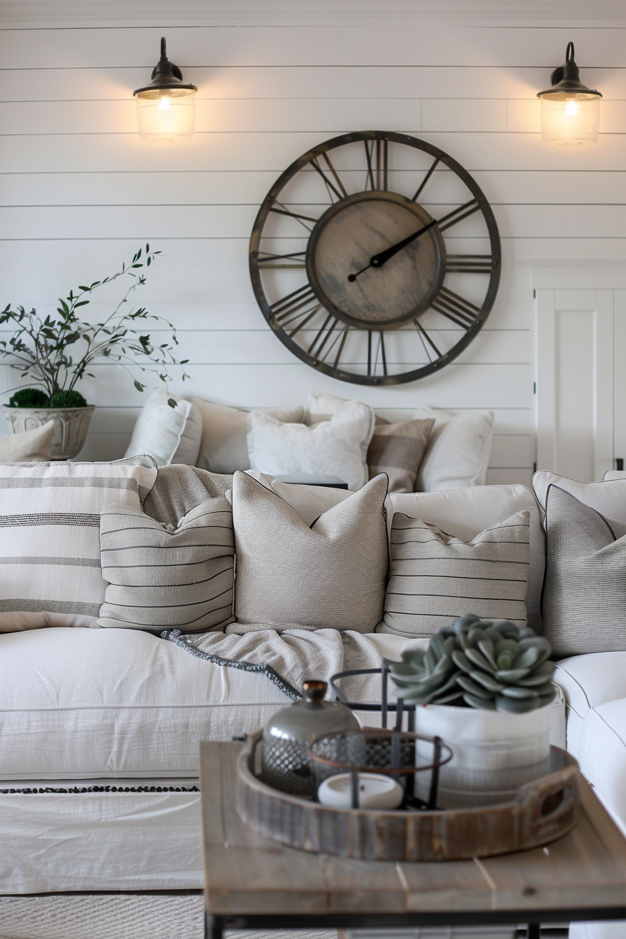 A white living room with a clock and farmhouse-inspired wall decor.