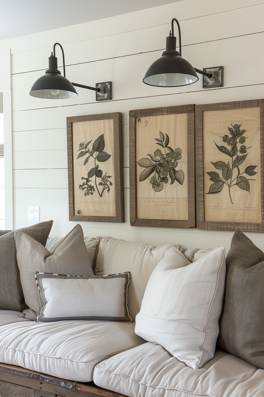 A couch with pillows and a farmhouse-inspired picture of flowers above the couch.