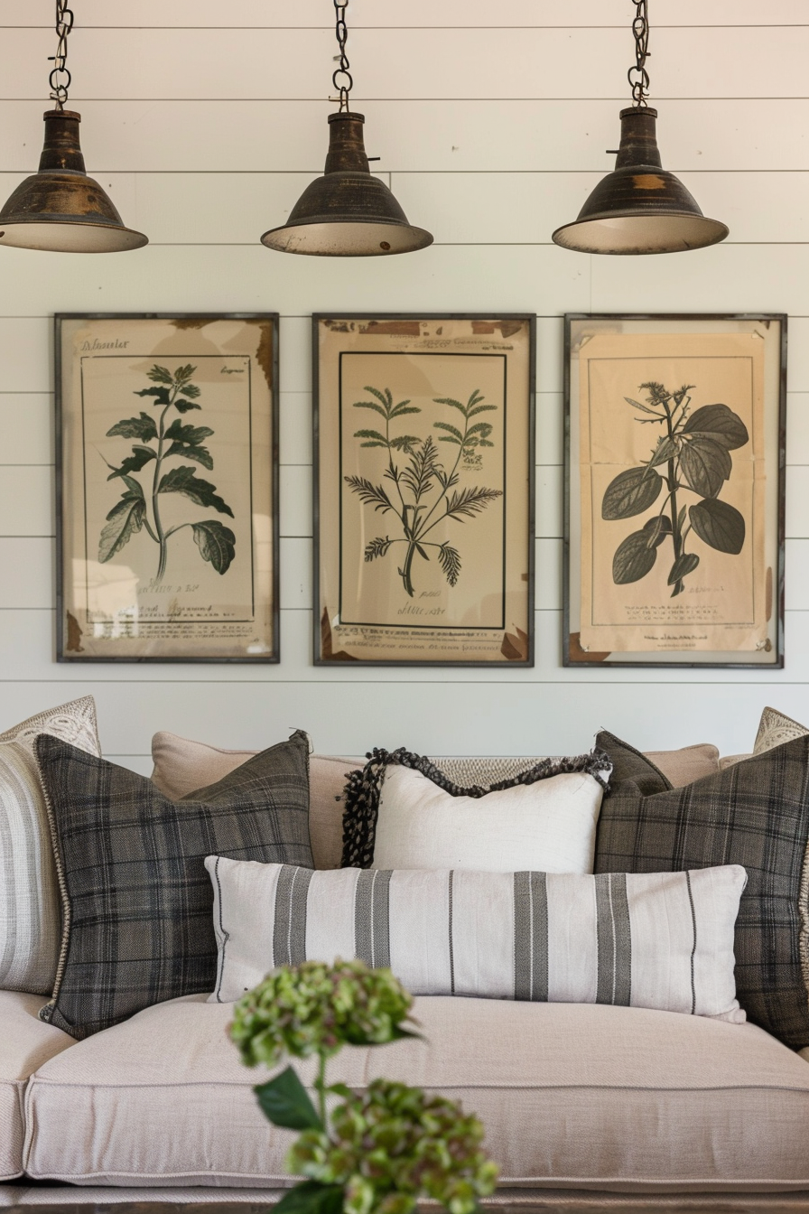 Three farmhouse-inspired framed prints hang above a couch in a living room.