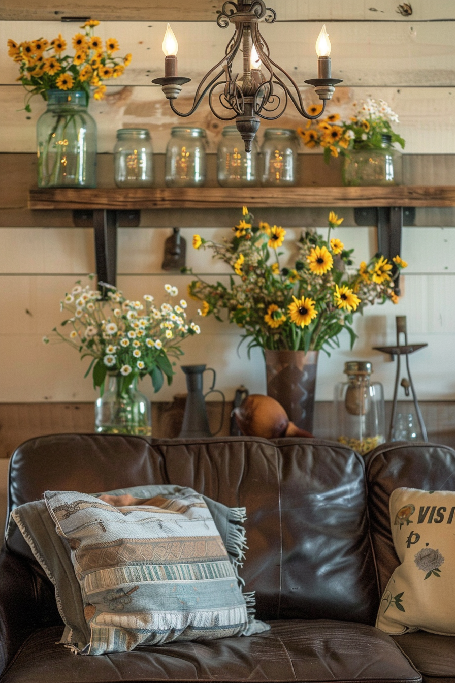 A farmhouse living room with a leather couch and sunflowers on the wall.