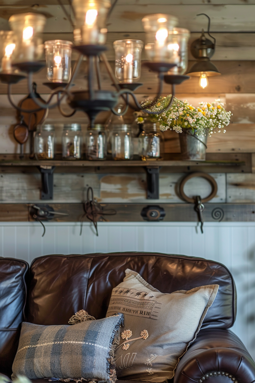 A Farmhouse living room with a leather couch and a wooden wall decor.