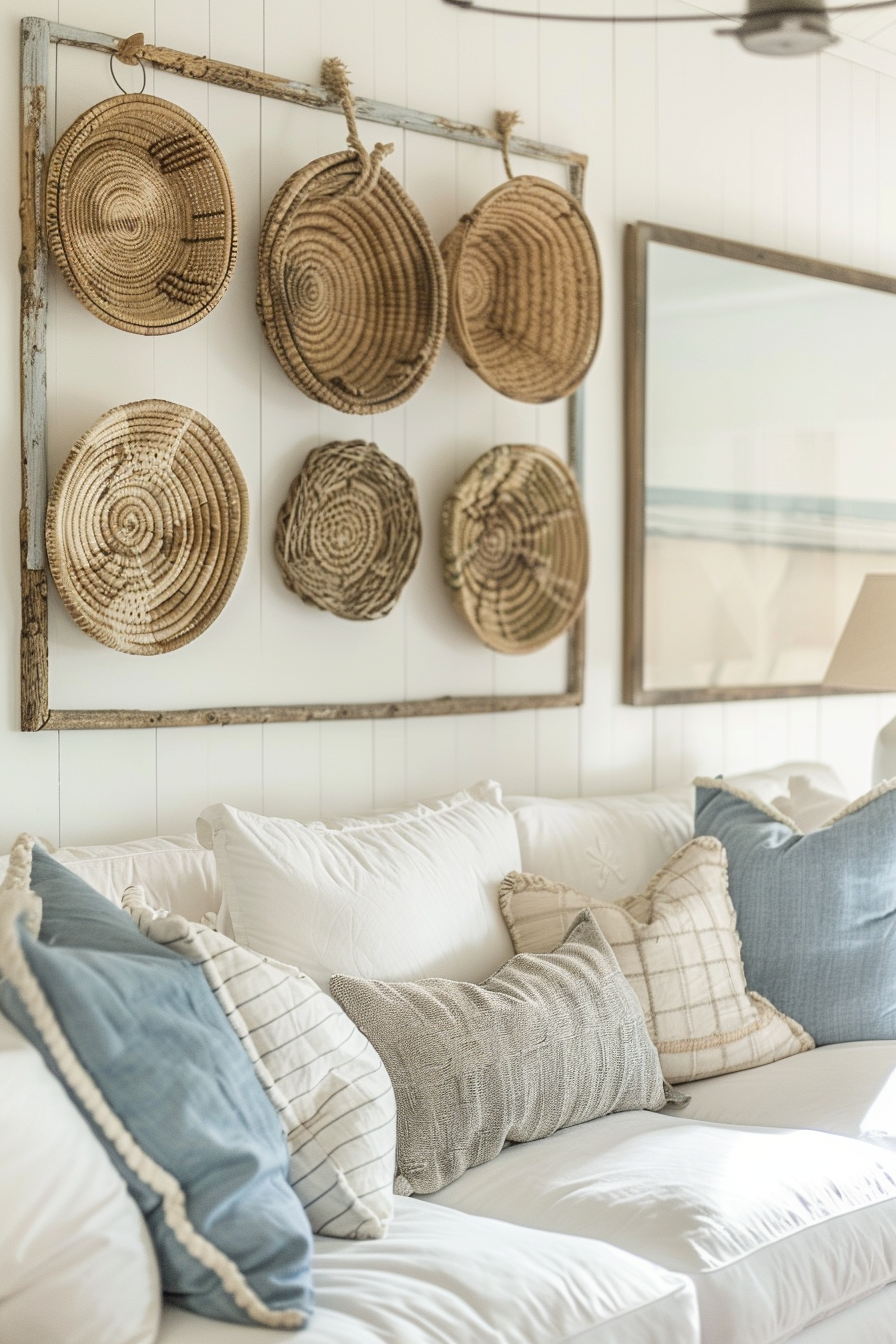 A farmhouse-inspired living room with wicker baskets hanging above the couch as wall decor.