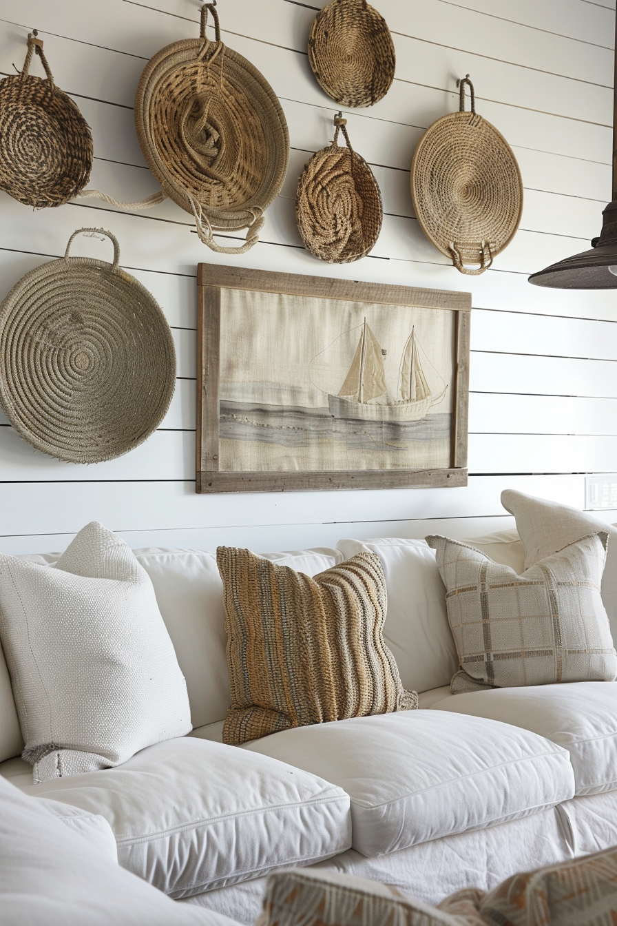 A living room with wicker baskets hanging on the wall as farmhouse-inspired wall decor.