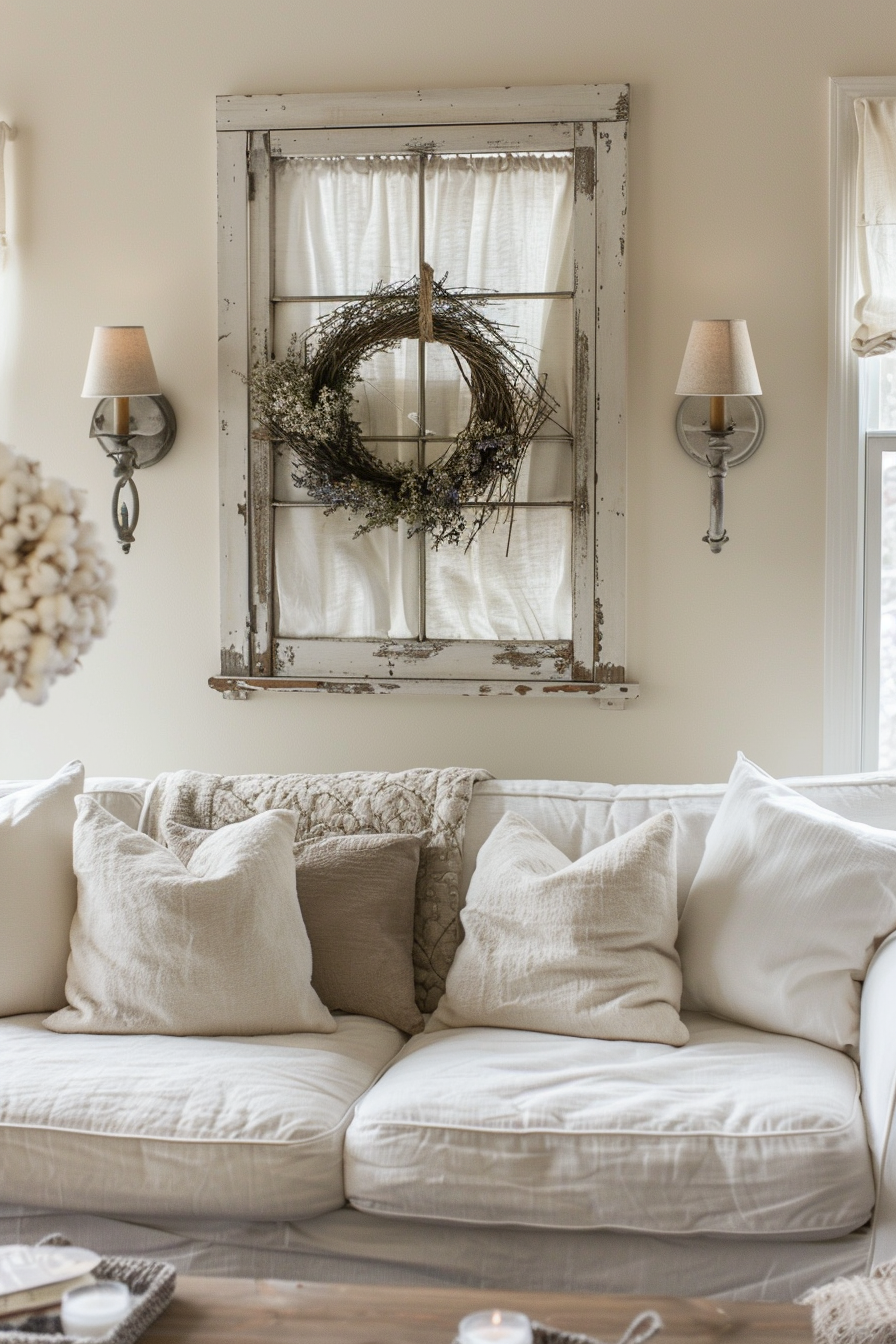 A living room with a white farmhouse-inspired couch and a wreath as wall decor.