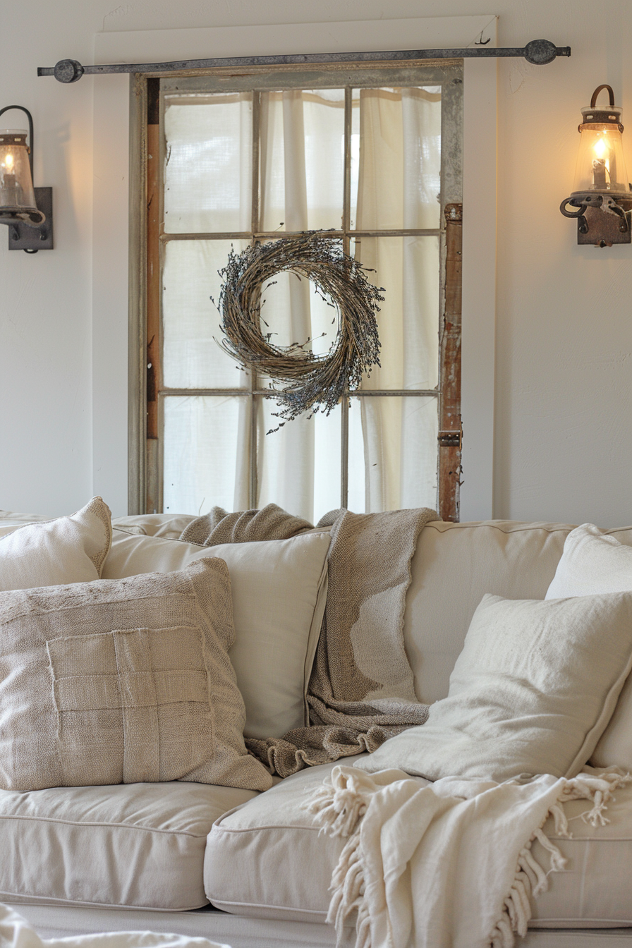 A farmhouse white couch in a living room with wall decor.