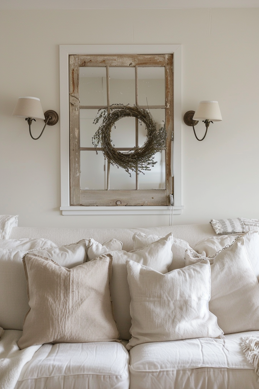 A white couch with pillows and a farmhouse-inspired mirror above it.
