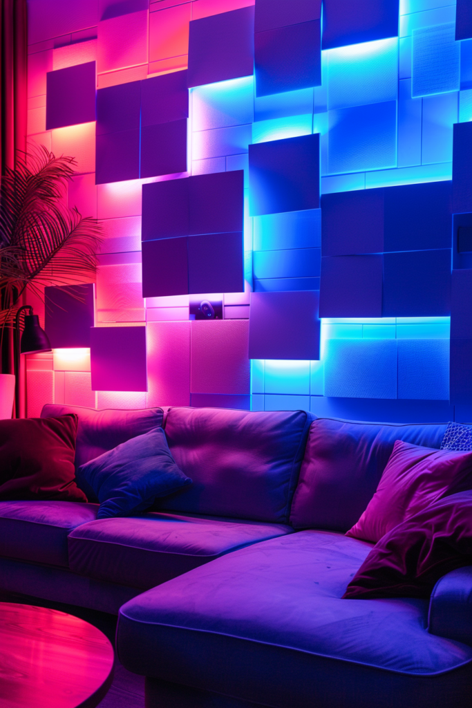 Illuminating living room with stylish colorful LED lights on the wall.
