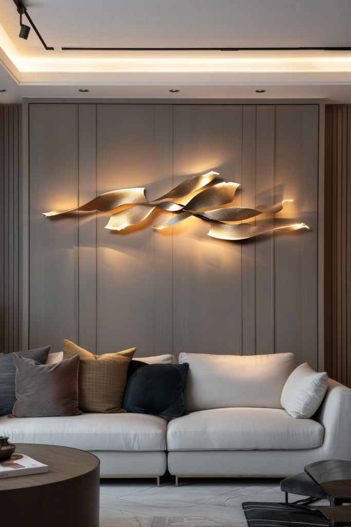 A modern living room with an illuminating wall decor.