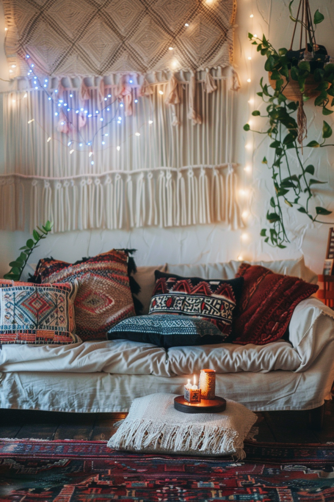 Bohemian wall decor adding an illuminating touch to your stylish living room.