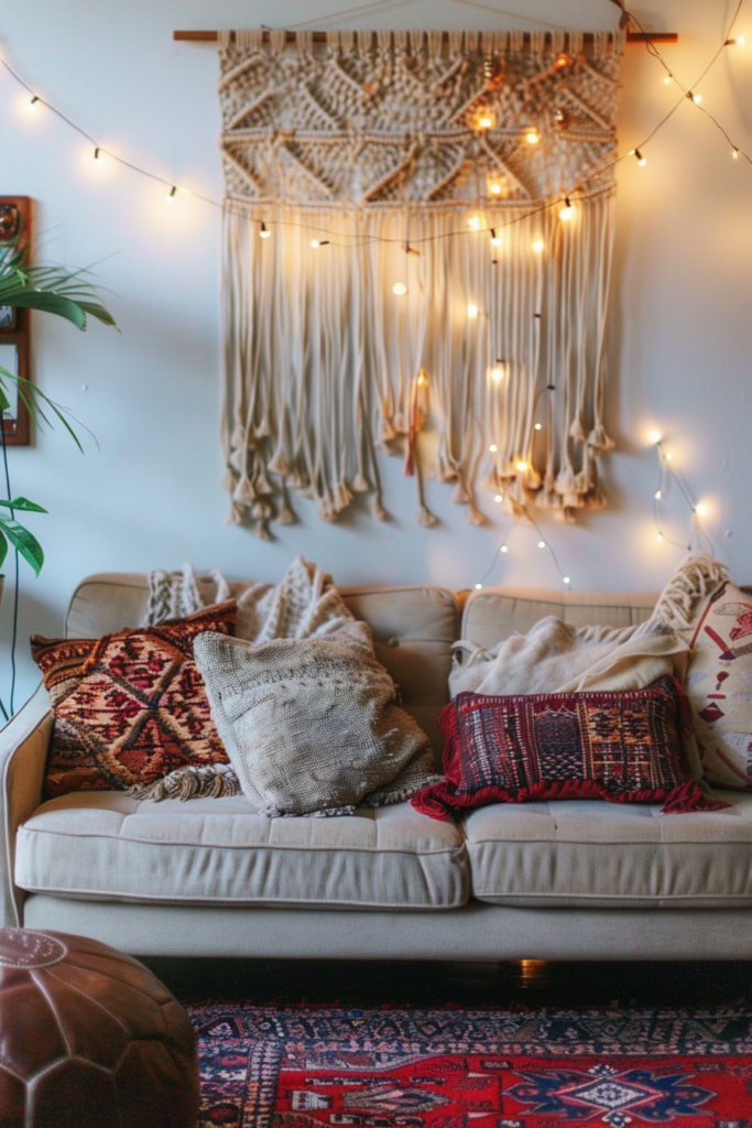 A living room with a couch, stylish rug, and illuminating string lights.