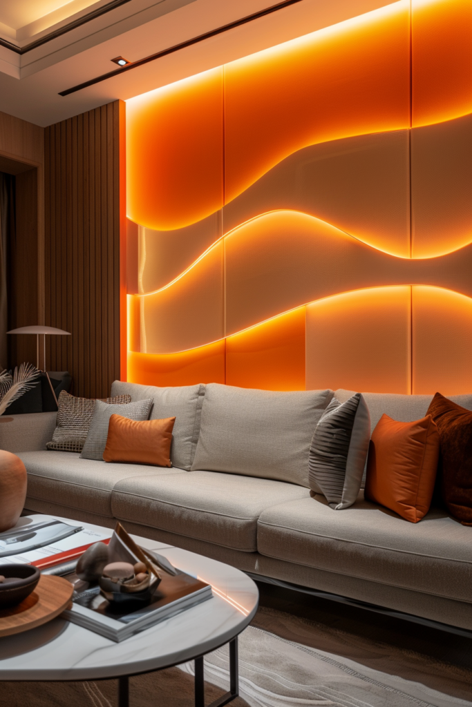 A stylish living room with illuminating orange wall panels and a coffee table.