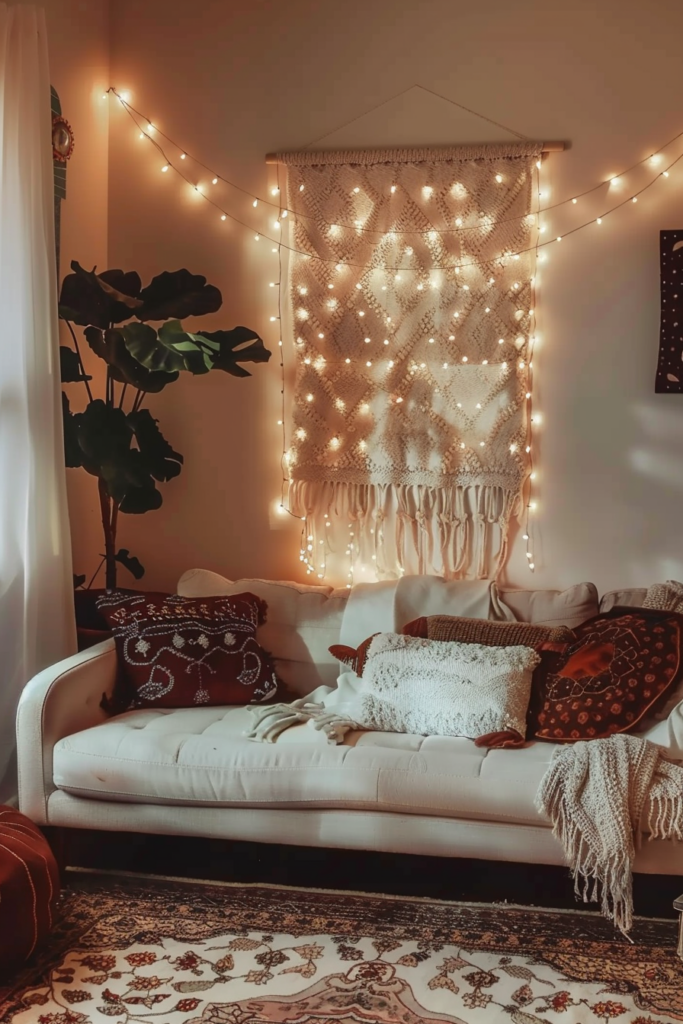 A stylish living room decorated with string lights and a rug.