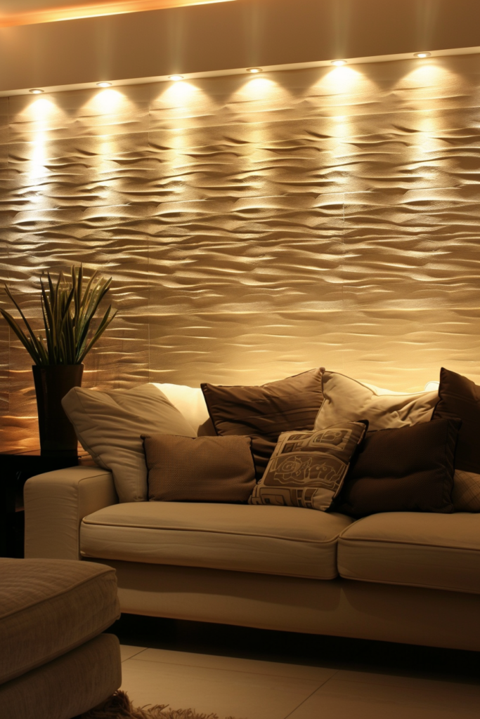 A living room with a stylish glow from a lamp and wall decor.