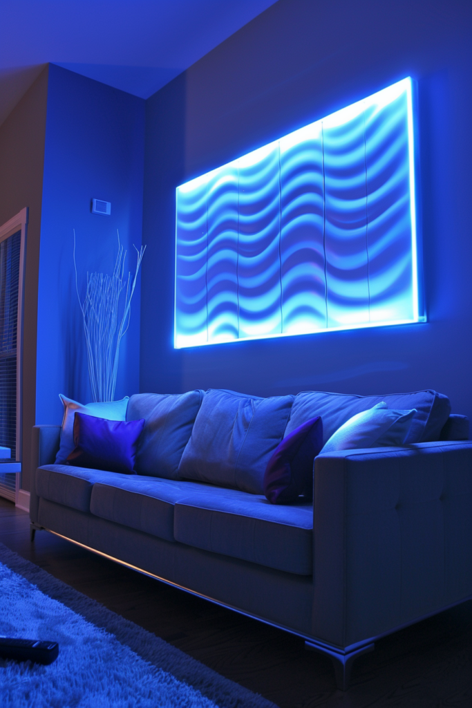 A **stylish glow** couch in a living room.