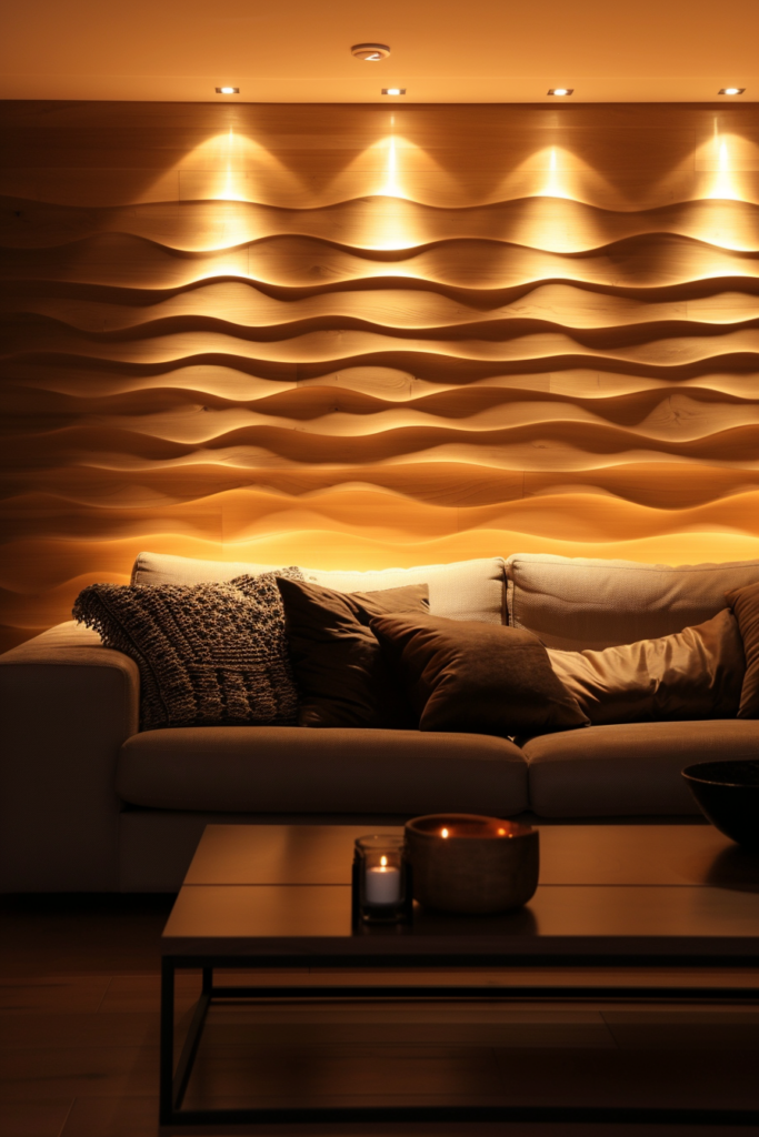 A living room with a stylish wavy wall decor.