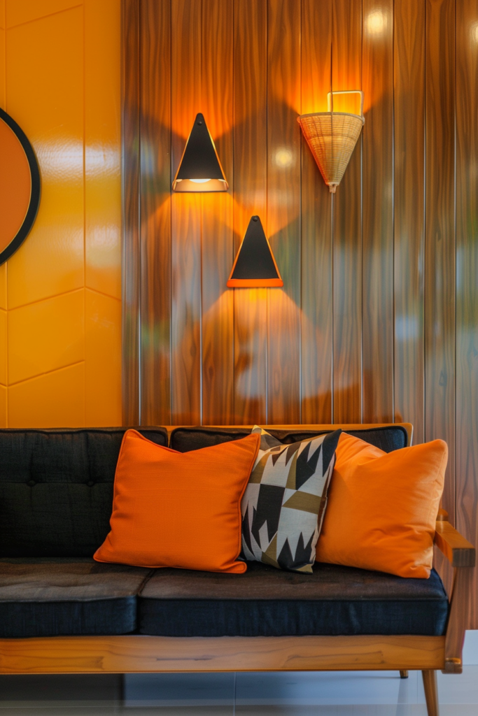 A stylish living room with illuminating orange walls and a black couch.