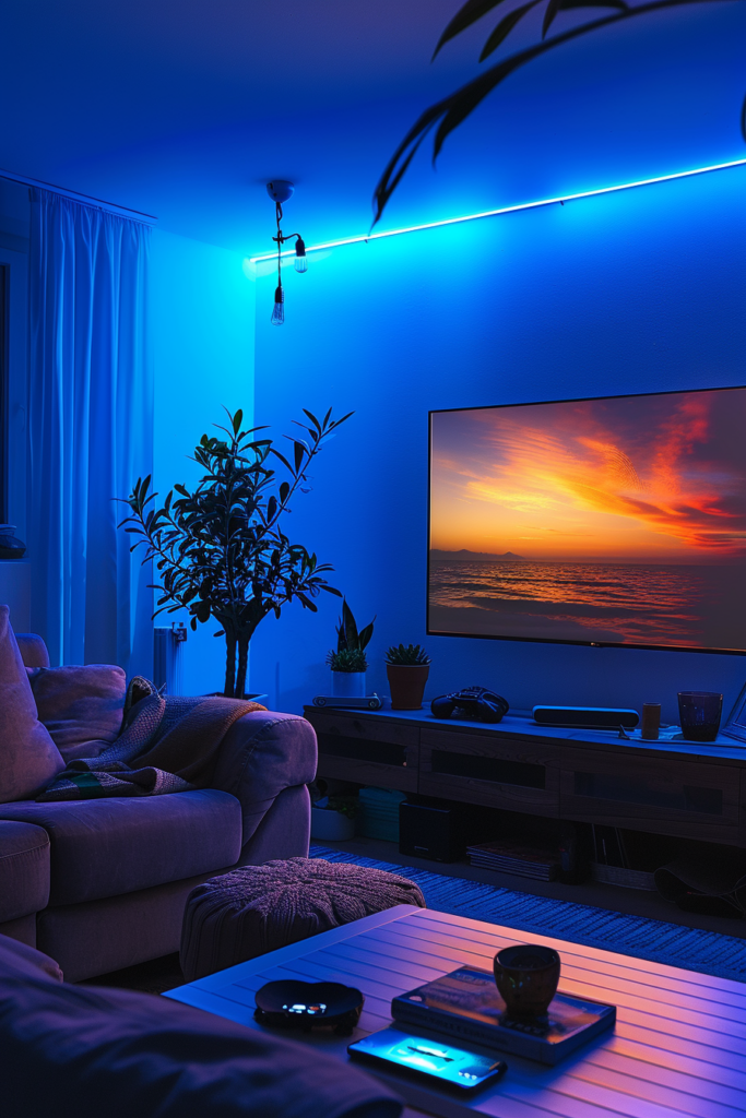 A living room with a stylish glow and a TV.