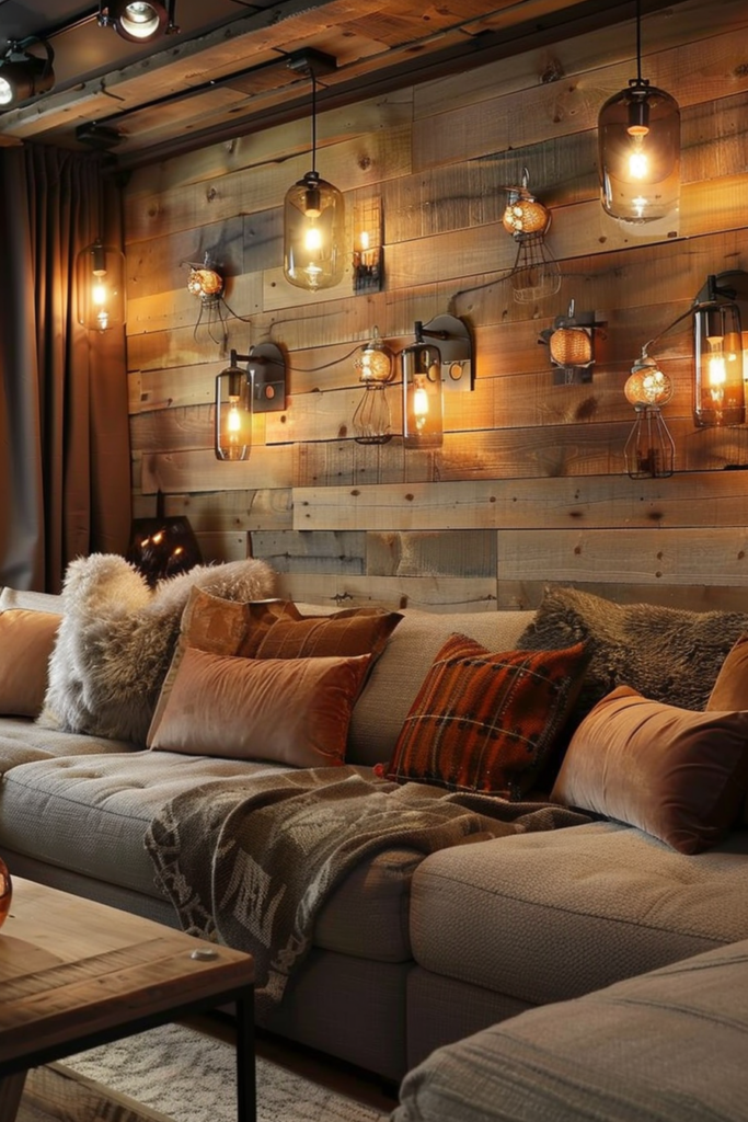 A stylish living room with wooden walls and a couch.