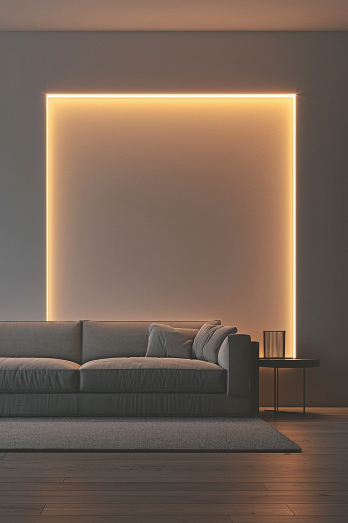 Stylish 3d rendering of a living room with a white couch and a glow from the light fixture.