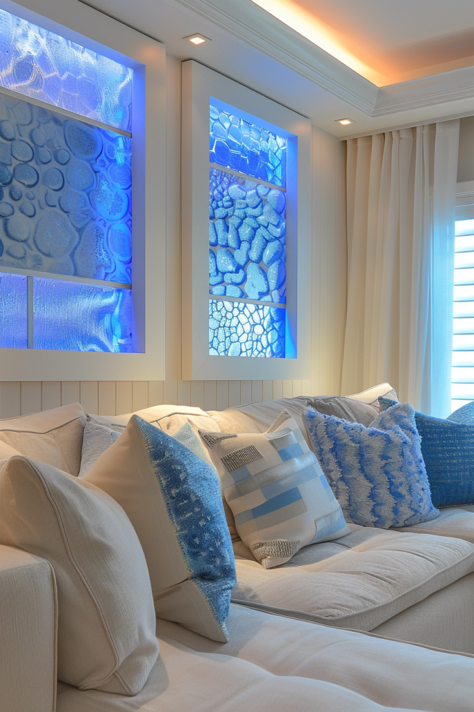 A stylish white couch with blue pillows.