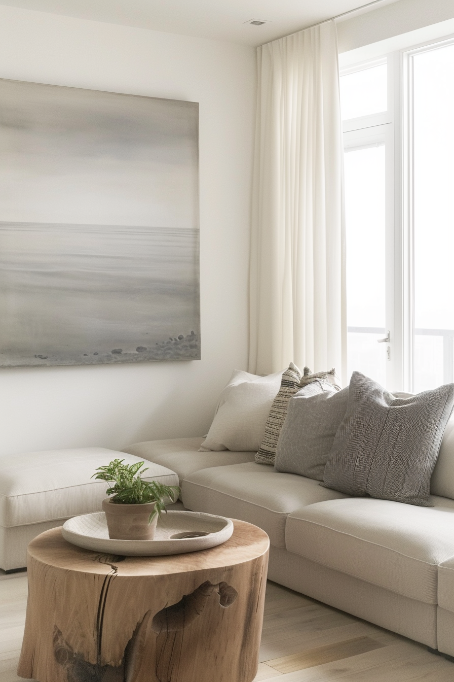 Ways: A white living room with a large painting on the wall.