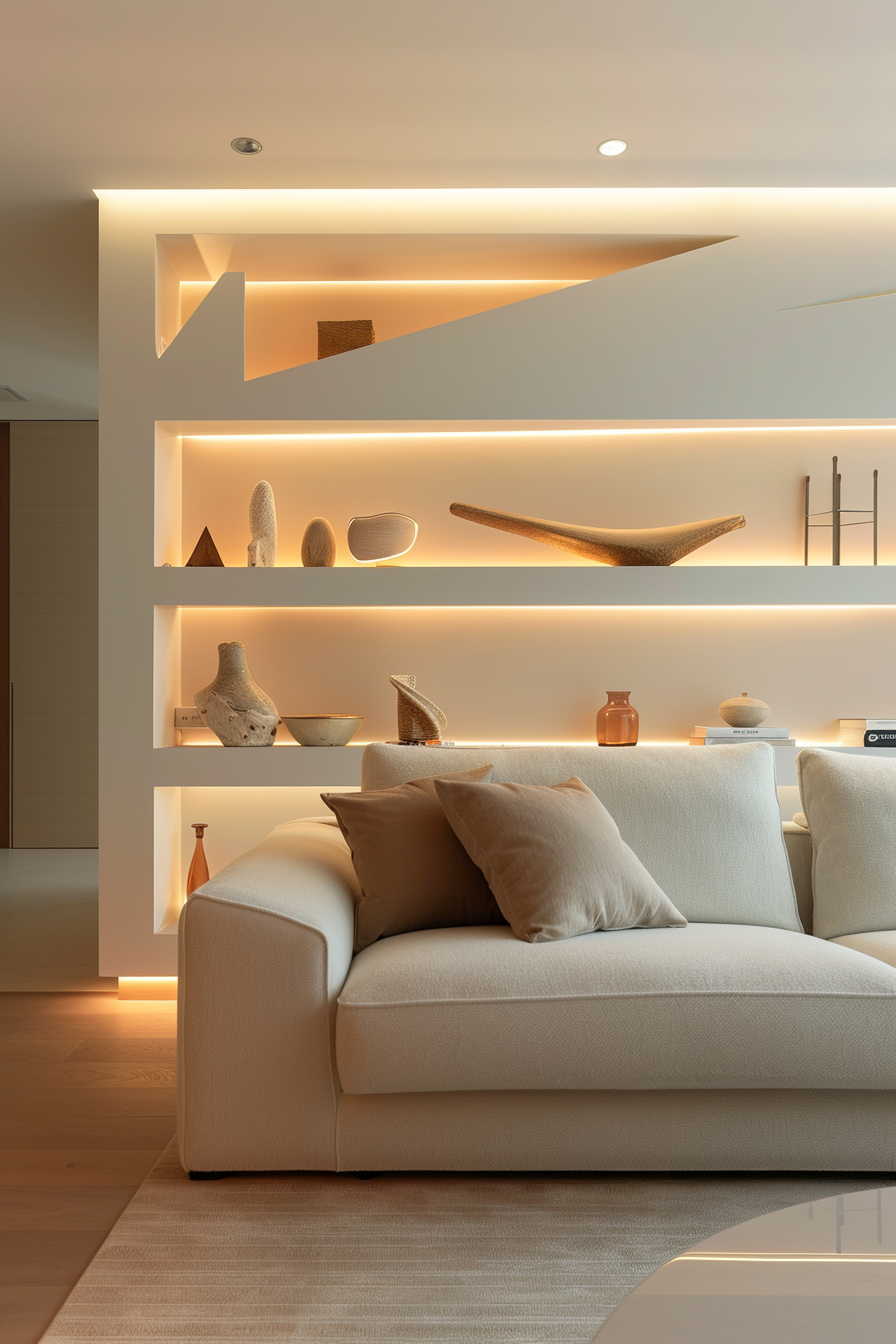 Innovative white couch with pillows and a shelf with lights.