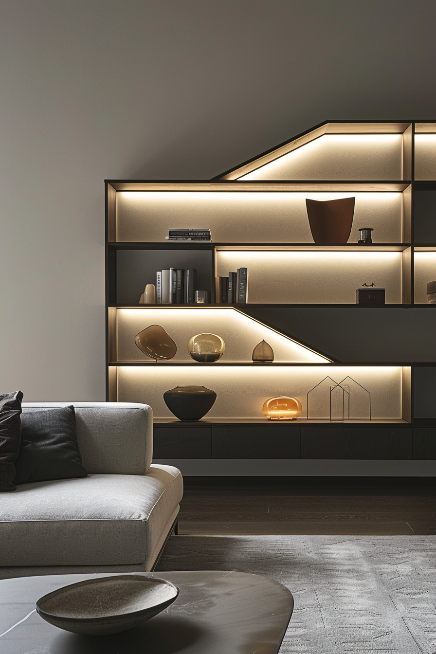 A shelf with innovative lights on the wall.