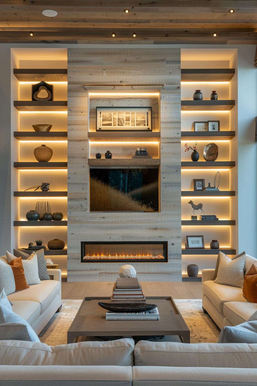 A modern living room with a fireplace, bookshelves, and innovative decor.