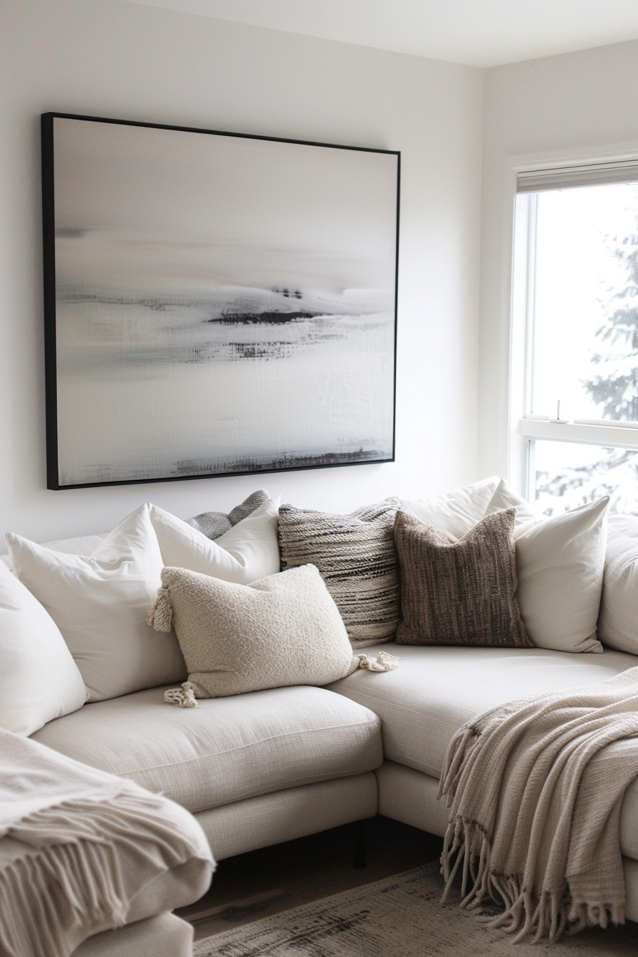 A living room with an innovative white couch and decorate with white pillows.