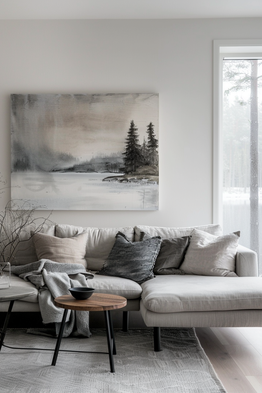 A white living room with an innovative large painting above couch.