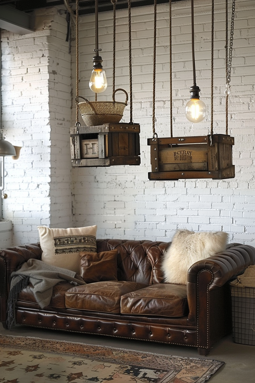Innovative living room decorate with a leather couch and hanging lamps.
