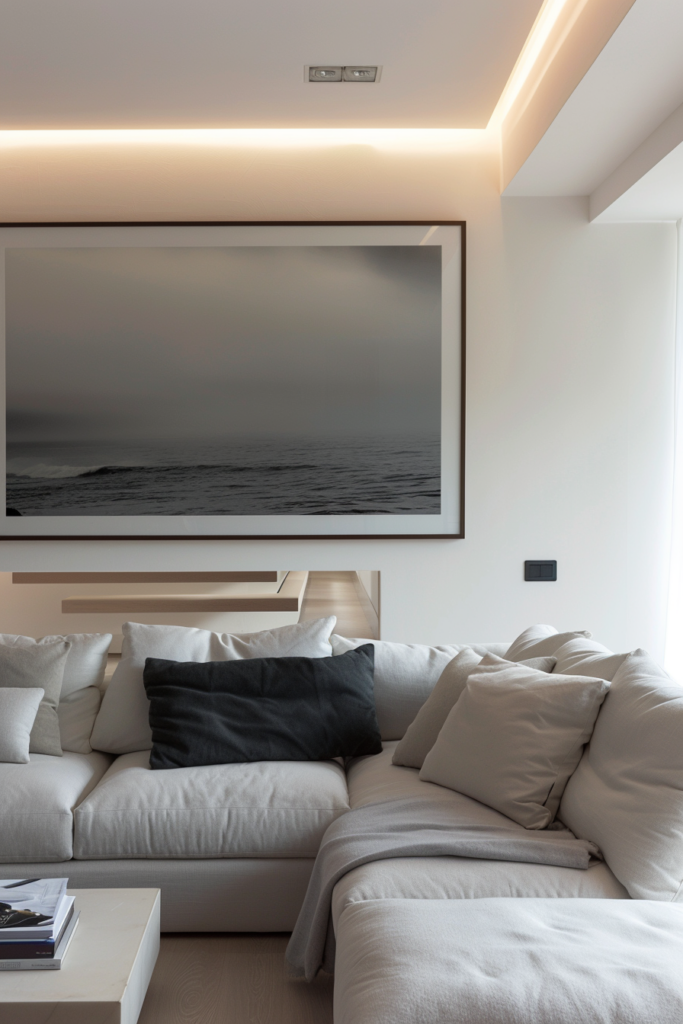 A **minimalist** living room with **wall decor** in the form of a large picture on the wall.