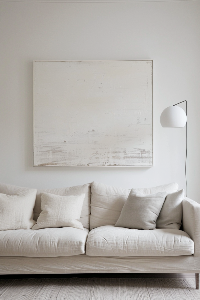 A minimalist living room with a white couch and a large painting as wall decor.