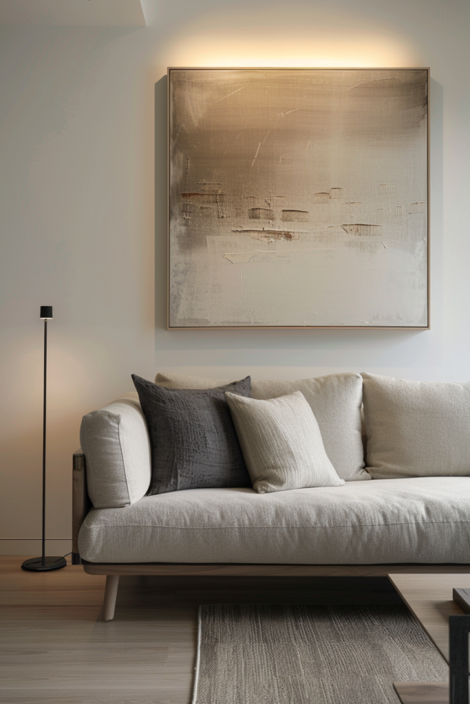 A minimalist living room with a large painting as wall decor.