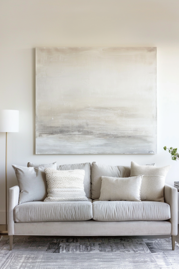 A minimalist living room with a large painting serving as wall decor.