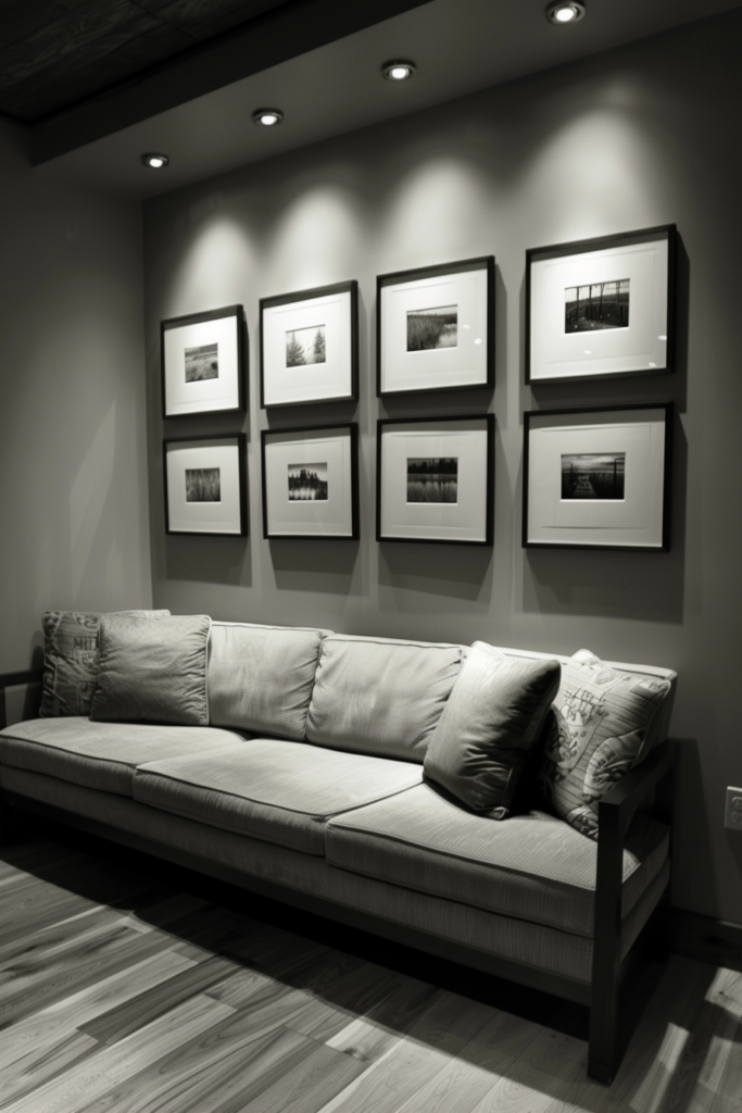 A minimalist black and white photo of a couch with framed pictures as wall decor.