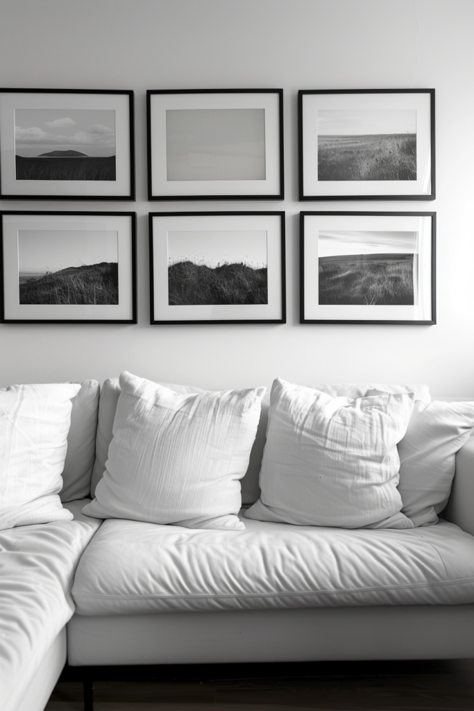 A minimalist black and white photo of a couch with wall decor.